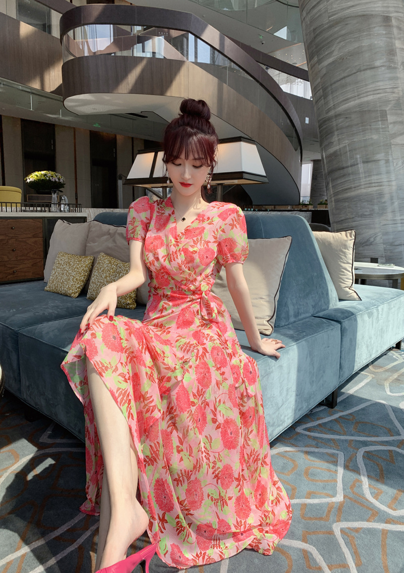 Đầm maxi nữ cổ V cao eo in họa tiết voan dài — Đỏ dưa hấu chi tiết 11
