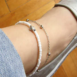 欧美外贸跨境手工串珠米珠乌龟脚链时尚铜珠链条配饰两件套脚饰品