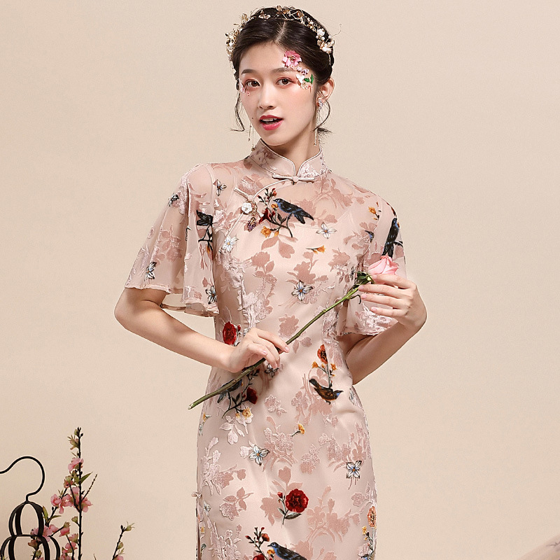 诚招代理复古中国风气质女装夏季新款丝绒年轻款旗袍连衣裙20128