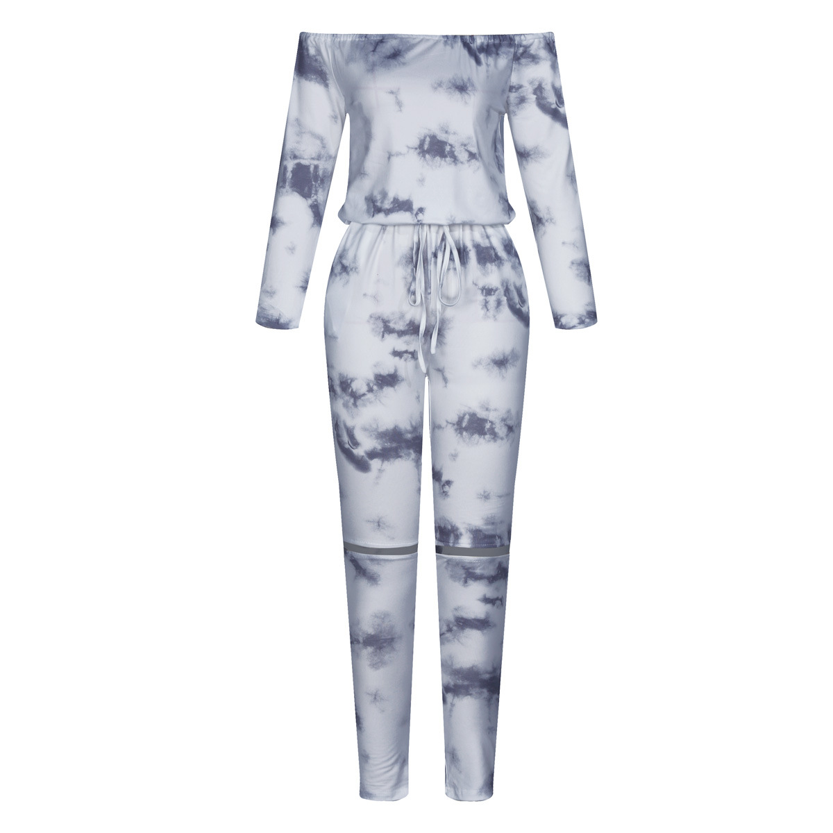 Fall Long Sleeve off Shoulder Lace up Pocket Ripped Tie Dye Jumpsuit