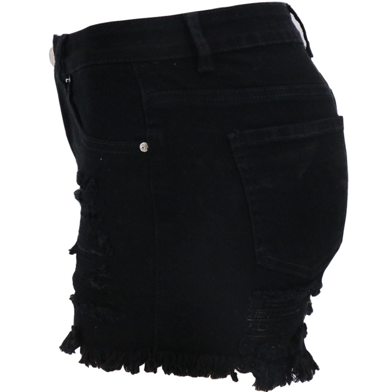 broken hole washed black and white high waist denim shorts NSYB65103