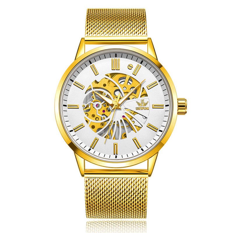SEWOR moda de los hombres Milán malla reloj mecánico automático de negocios reloj mecánico hueco-fuera reloj transparente 1827