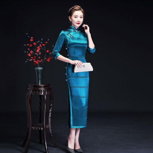 Traditional Chinese Dress Qipao Dresses for Women Dark green large size cheongsam dress