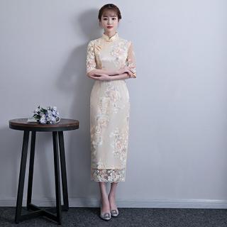 Pink lace  cheongsam chinese dress retro qipao for women girls elegant young party show thin wind dress girl