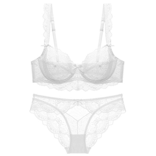 European and American thin sponge-free transparent large breasts showing small lace bra women's sexy underwear bra set
