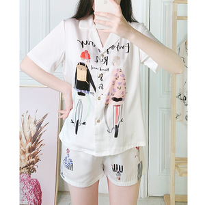 佐裳夏季短袖女士夏睡衣ins风可爱卡通女丝绸宽松家居服套装1793