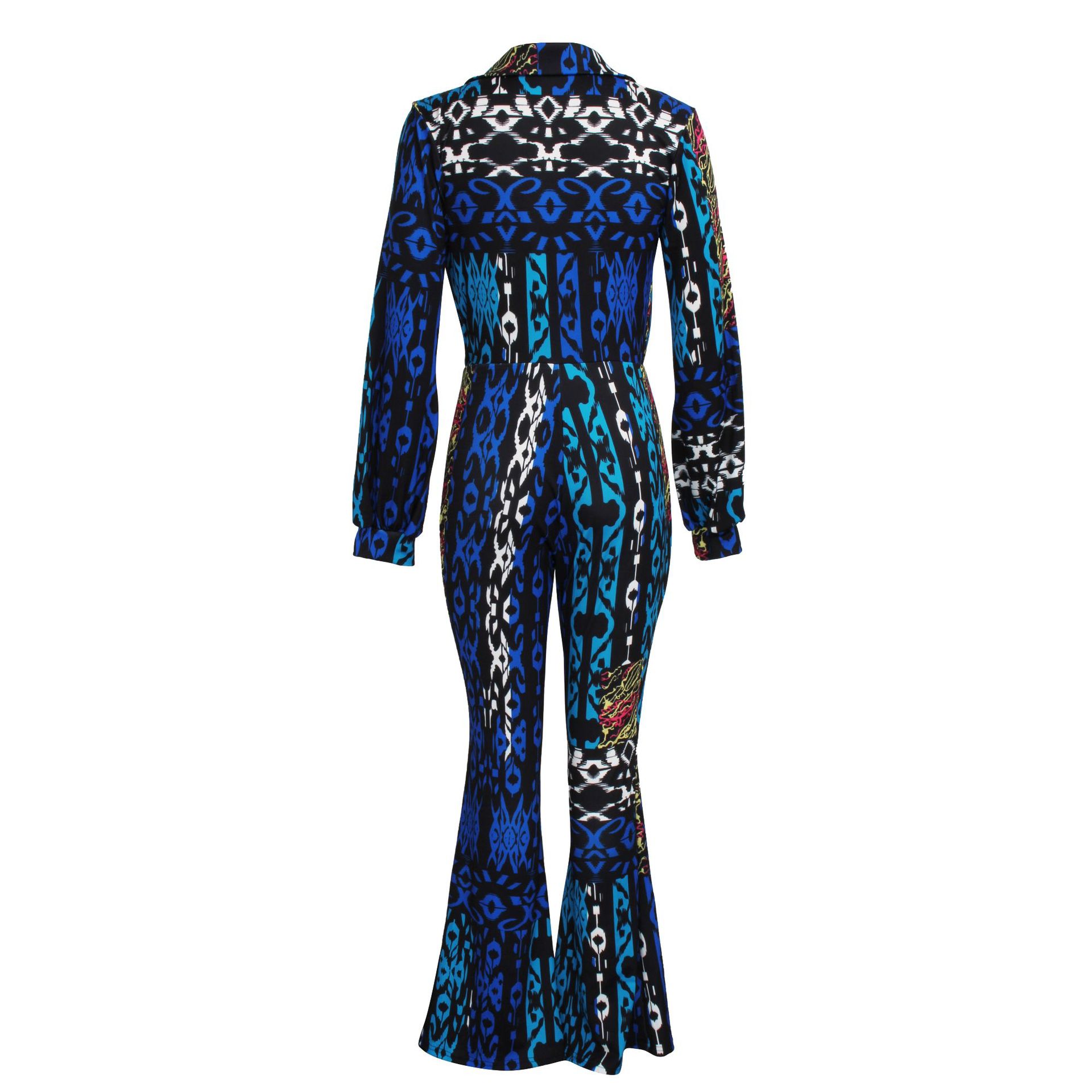 Print long sleeve V-neck bell-bottom Jumpsuit NSMRF125189