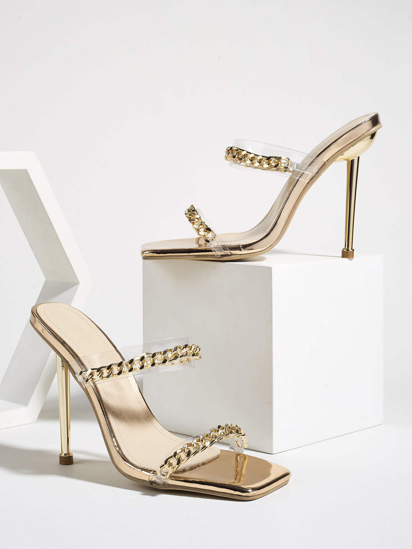 metal chain square head stiletto sandals  NSSO10265