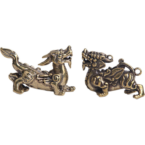 Solid Brass Vintage Feitian Pixiu Pair of Keychain Pendants for Lucky Home Desktop Ornaments and Gifts