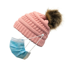 20歐美冬季新款紐扣帽子套頭帽跨境熱賣口罩針織帽帶毛球毛線帽