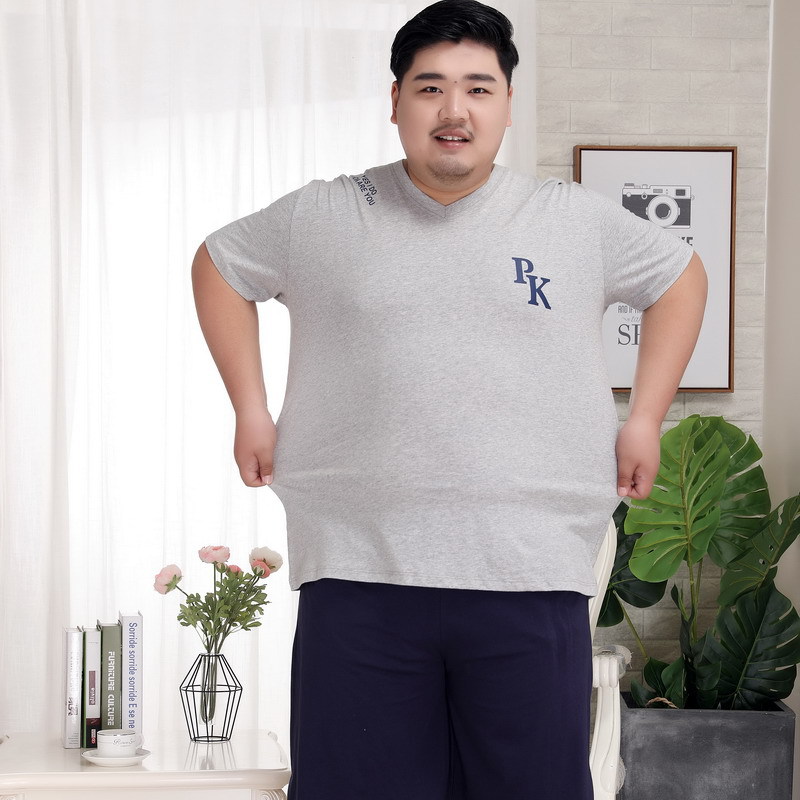 메이지 라임 순면 남자의 여름 V-넥 반팔 얇은 잠옷 5XL 초대형 뚱뚱한 남자 가정 옷 세트