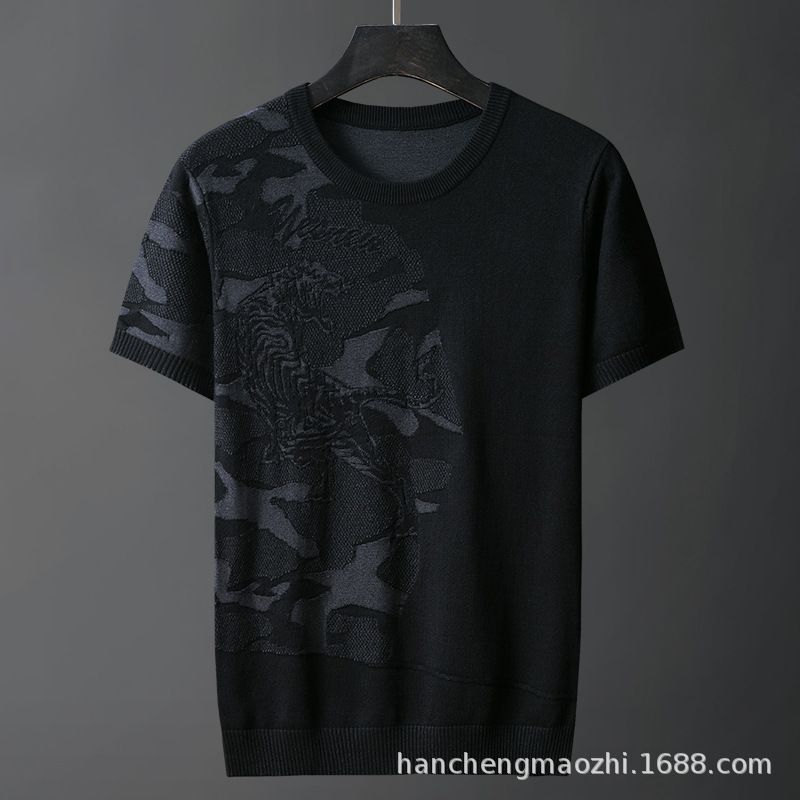 Spring Half-sleeved Sweater New Camouflage Tiger t Large Size Loose Base Shirt Round Neck Sweater Trendy Sweater Short-sleeved Men