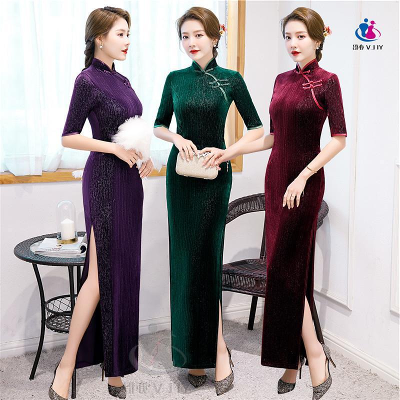 Cheongsam Improved 2020 New Golden Velvet Autumn and Winter High-end Elegant Slimming Age-reducing Western Style Mother Dress
