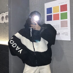 毛绒绒炸街外套秋冬新款韩版宽松小个子立领撞色羊羔毛外套女