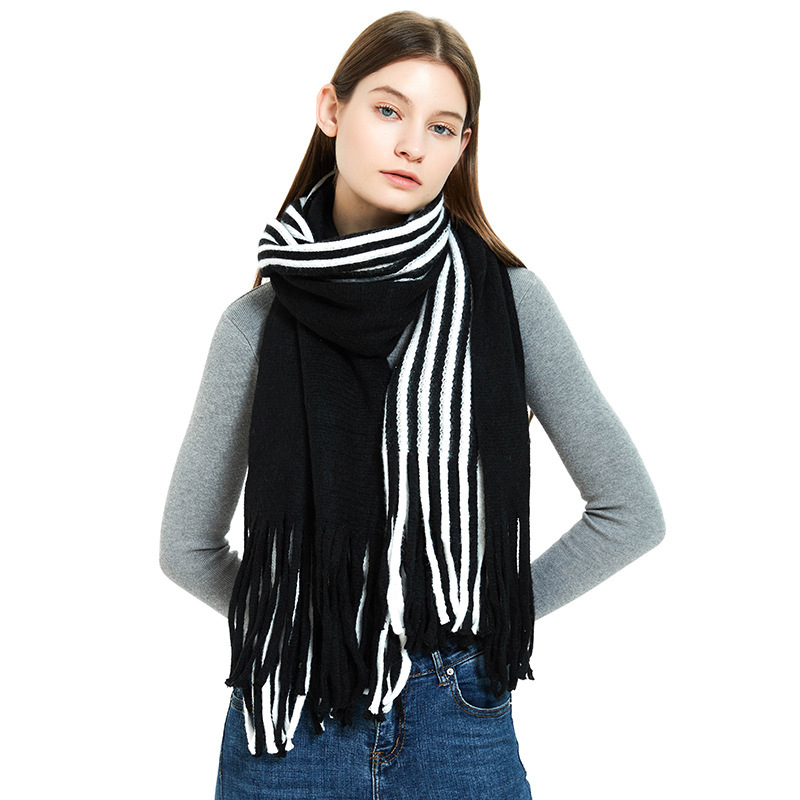 Black and white acrylic wool warm bib and Pinstripe warp knitted scarf for men and women