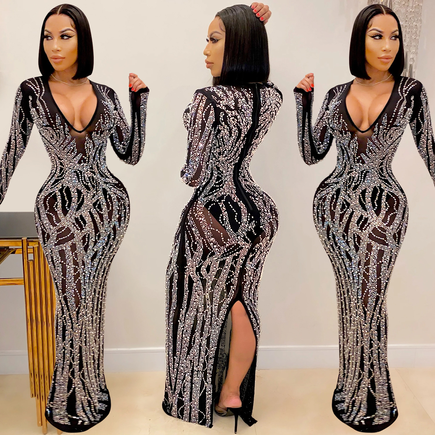 Sexy V Neck Long Sleeve See-Through Mesh Prom Dress NSXYZ68549