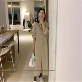 C789-长袖条纹衬衫裙女中长款季新款韩版宽松BF风连衣裙休闲衬衫