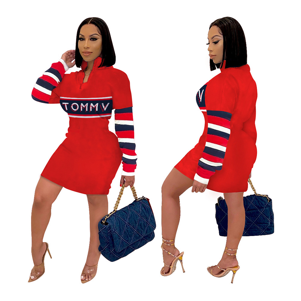 D8074亚马逊独立站欧美女装新款数码印花拉链仿棉面料连衣裙