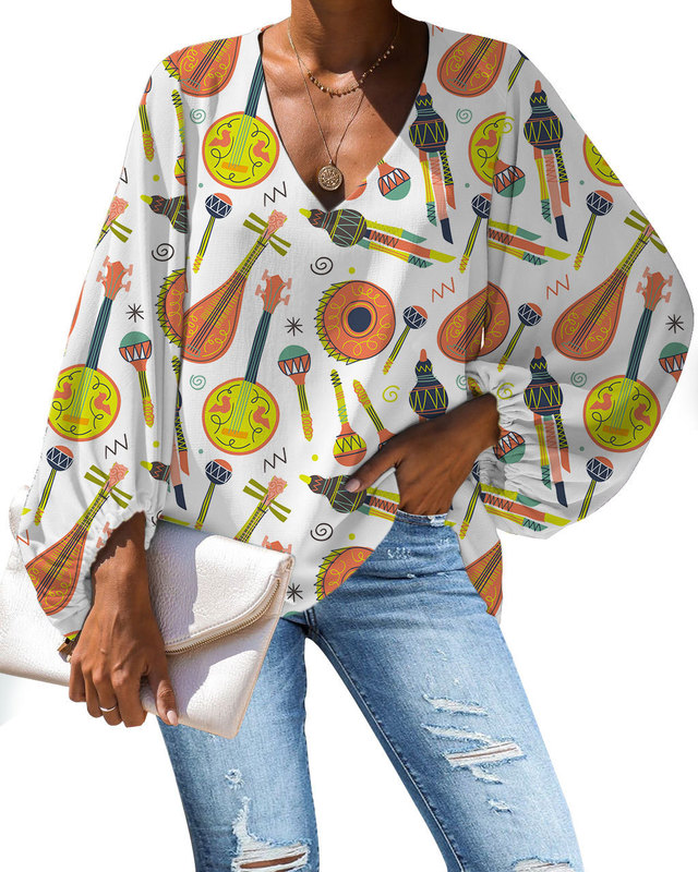 Amazon Mexican Style Printed Long-Sleeved Loose Waist Pullover Chiffon Patchwork Dress with Picture Printing