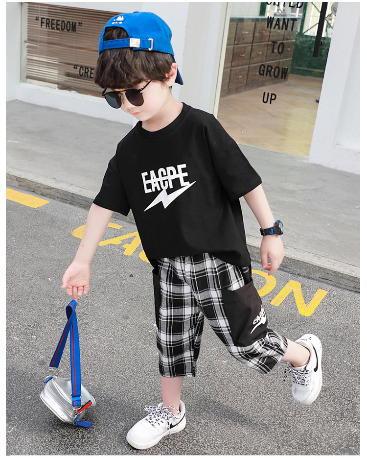 韩版儿童套装男童夏季新品短袖套中小童闪电T恤格子裤两件套pwy