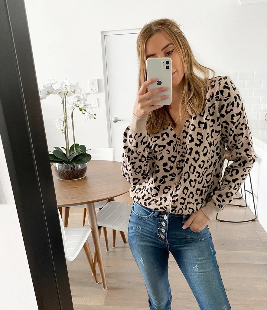 leopard print jacquard casual long sleeve V-neck cardigan sweater NSLK10905