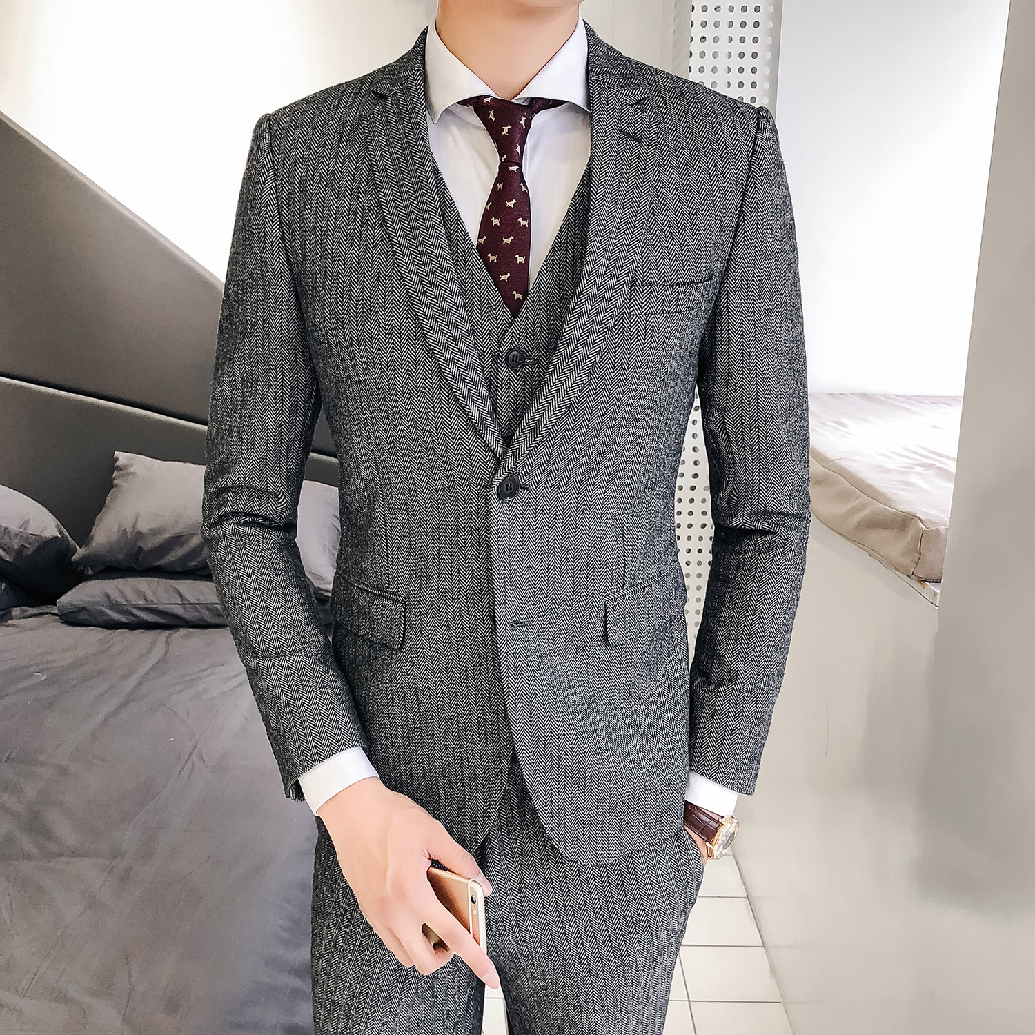 Men's Suit British Slim Fit Wool Herringbone Oblique One-Button Suit Three-Piece Suit Men's Suit Trousers Vest