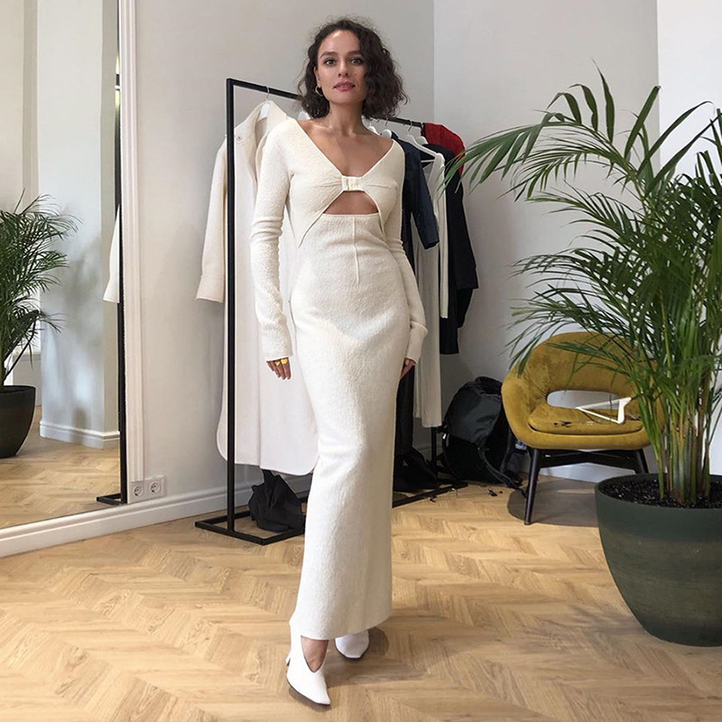 欧美外贸2021春季女装新款摇粒绒V领长袖修身显瘦开叉包臀连衣裙