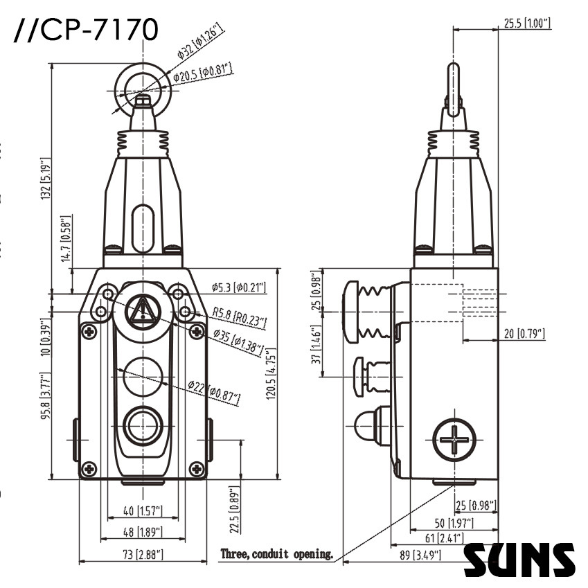 SUNS美国三实双向动作式拉绳开关CP7170 带急停开关安全拉绳开关尺寸图