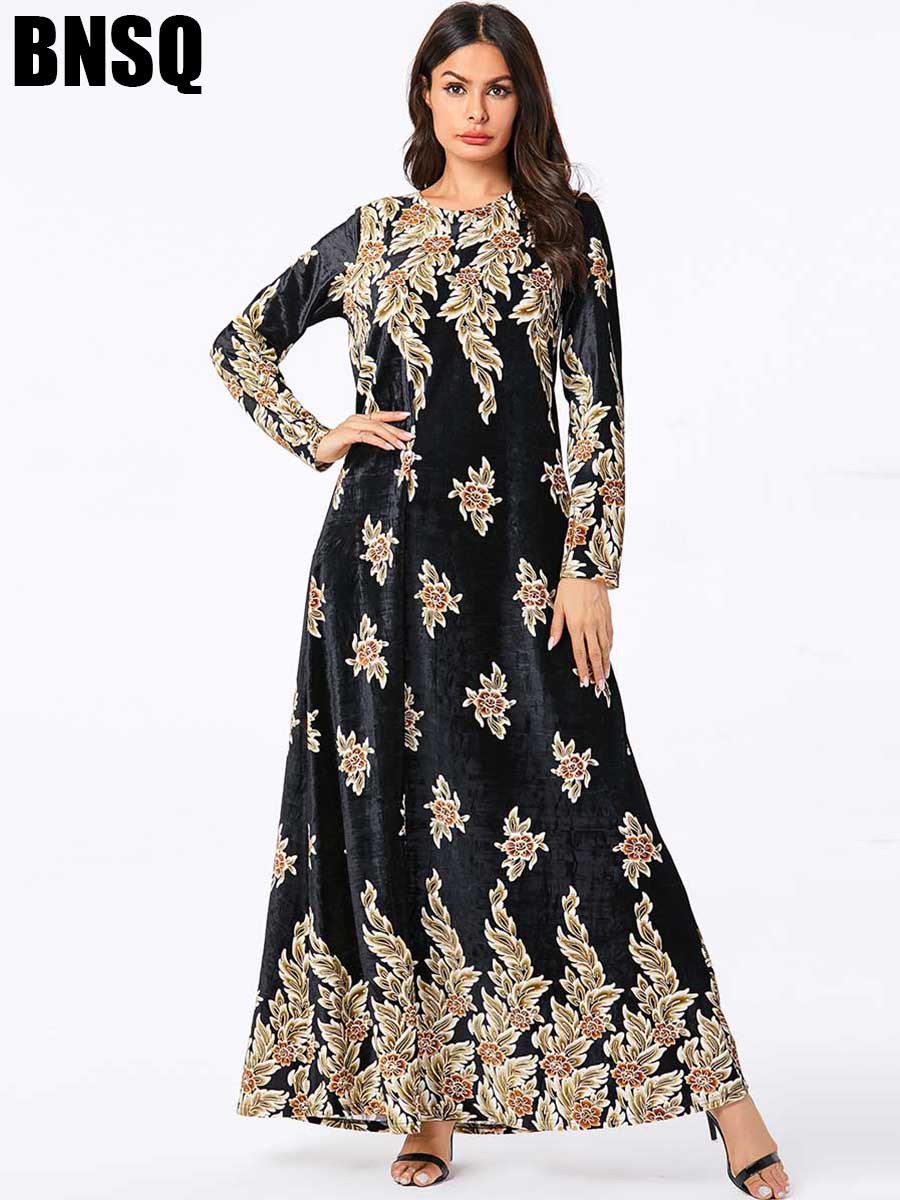 7830 时尚大码女装黑色烫金植物印花长袖穆斯林休闲金丝绒长裙