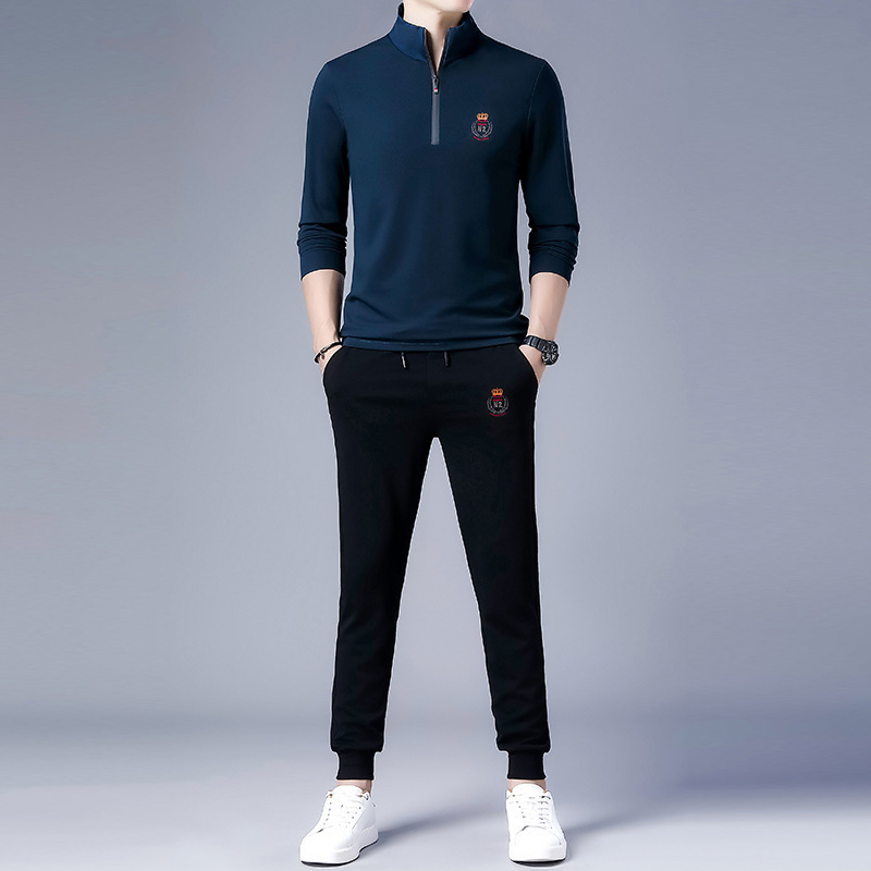 2020秋装新款男式休闲套装长袖卫衣拉链立领宽松运动长裤两件套男