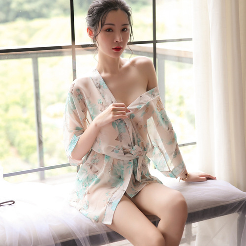 Sexy lingerie, sexy pajamas, tempting Japanese chiffon printed cardigan, kimono, see-through nightgown set 8145