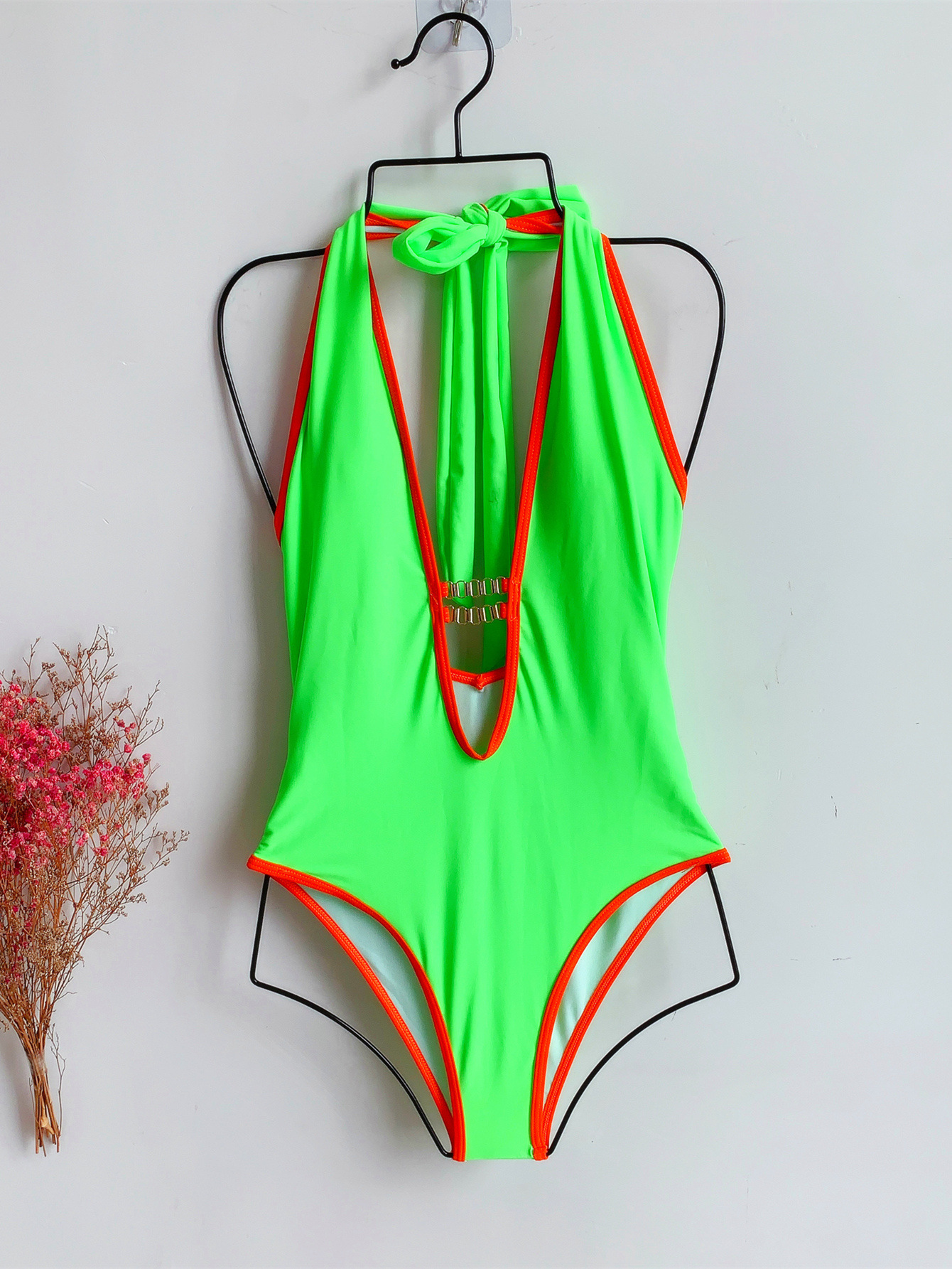 V Neck Sleeveless Hanging Nack Lace-Up Backless Solid Color One-Piece Swimsuit NSCSM113222