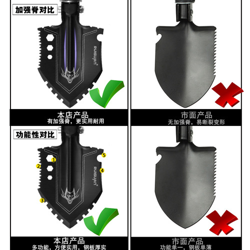 Outdoor military shovel folding multi-functional survival steel spade manganese steel small fishing shovel car-mounted military shovel wolf tooth shovel