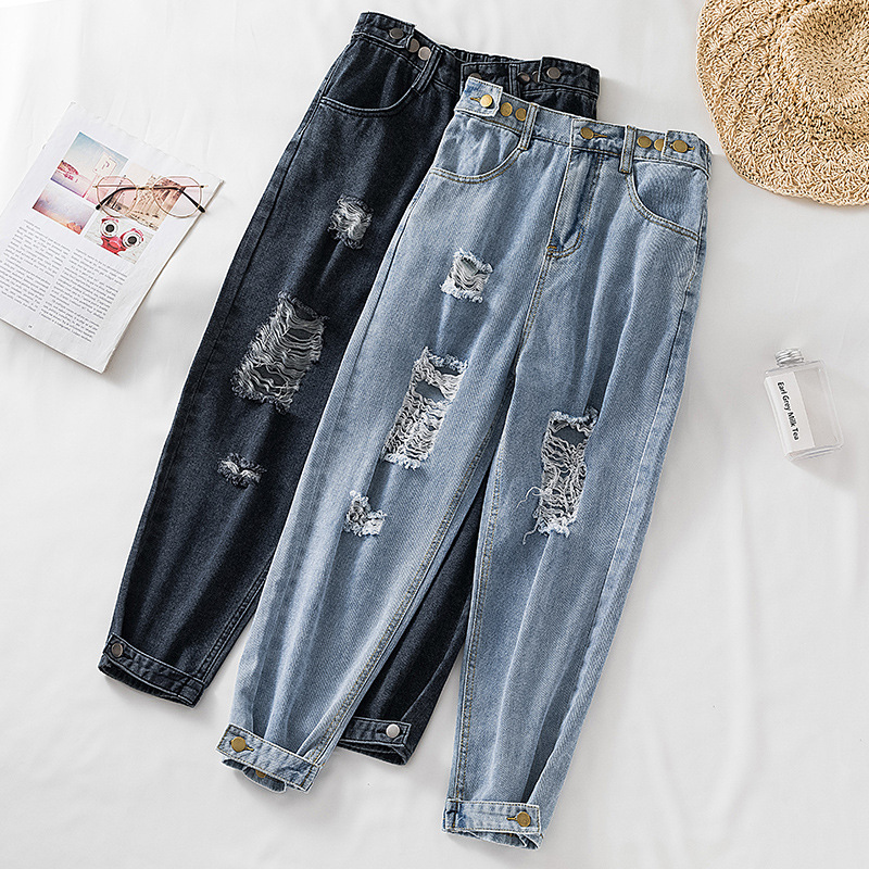 實拍大碼乞丐破洞牛仔褲女2021春高腰九分褲ins胖mm褲子大碼女褲