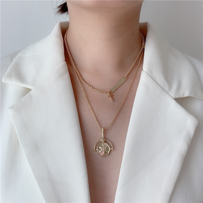 Korean New Metal Chain Choker Double Necklace Clavicle Chain Square Brand Cross Fan Pendant Necklace Wholesale Nihaojewelry display picture 3