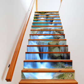 创意3D楼梯通道门贴翻新自粘卧室墙贴纸 绿色瀑布13片楼梯贴定制
