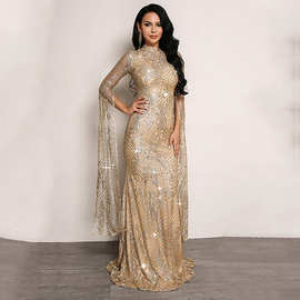 2021冬季新款欧美外贸礼服ebay亚马逊女装烫银修身连衣裙长裙