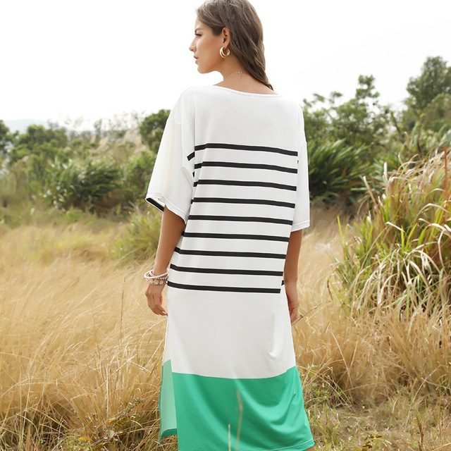 European and American stripe V-neck bat sleeve stripe dress