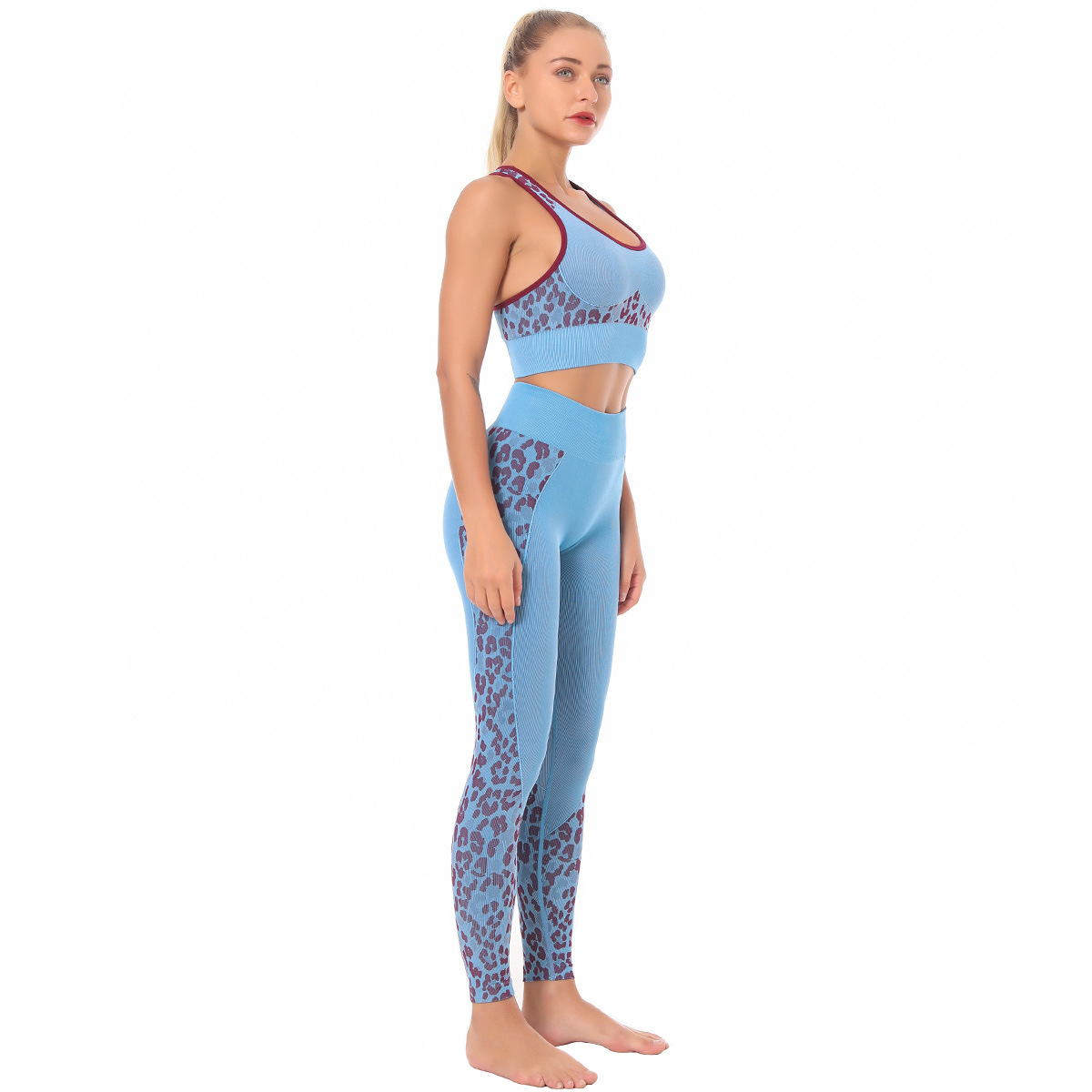 Sujetador de punto sin costuras con estampado de leopardo Traje de pantalones de yoga que absorbe la humedad NSNS11022