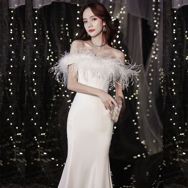 White Dress for Women 2026 New Spring Banquet Queen-Style Evening Wear Off-Shoulder Mermaid Evening Gown