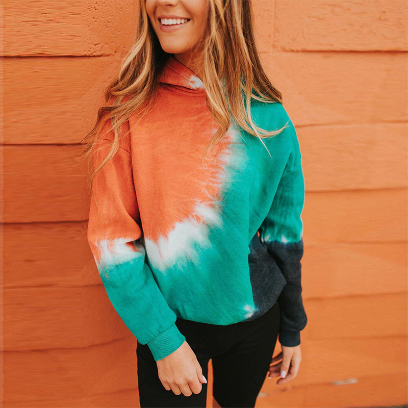 autumn and winter new tie-dye printed color-blocking hoodie long-sleeved sweater NSYF844