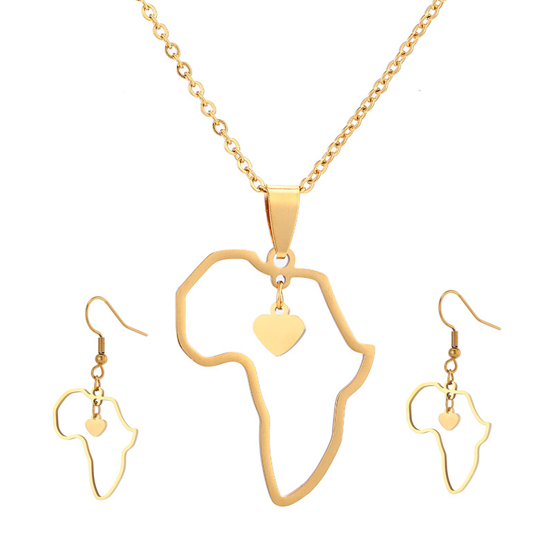Fashion Africa Map Hip Hop Pendant Stainless Steel Necklace Earrings Two-Piece Set