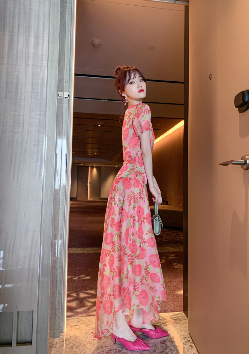 Đầm maxi nữ cổ V cao eo in họa tiết voan dài — Đỏ dưa hấu chi tiết 3