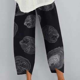 外贸跨境女装时尚宽松年轮印花弹性腰围口袋休闲裤 8847