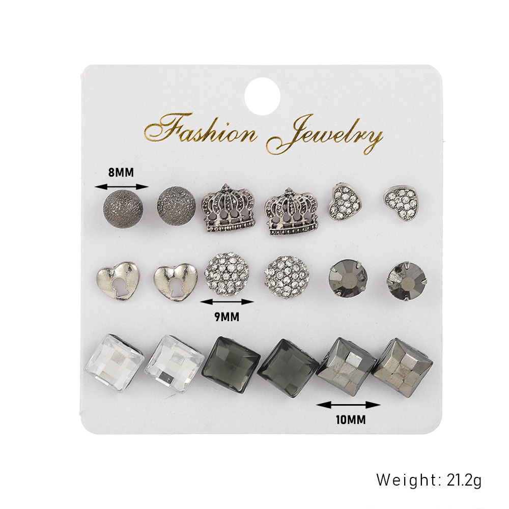 Black Square Rhinestone Earrings Retro Palace Style All-match Earrings 9 Pairs Set display picture 1