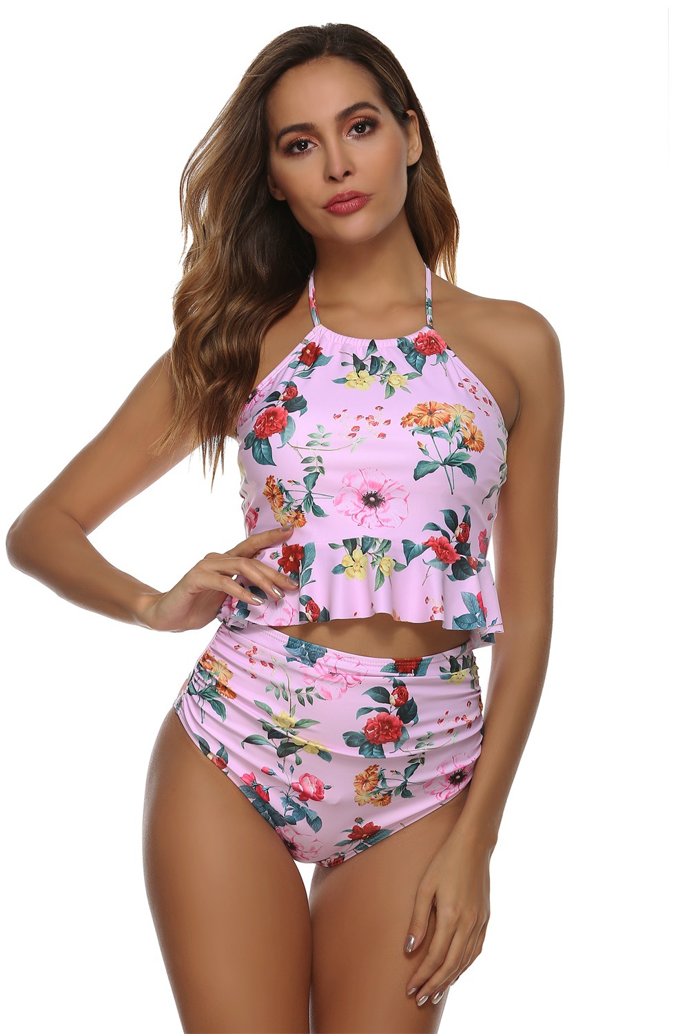 new style split high waist ruffled sexy backless printed swimsuit  NSHL34082