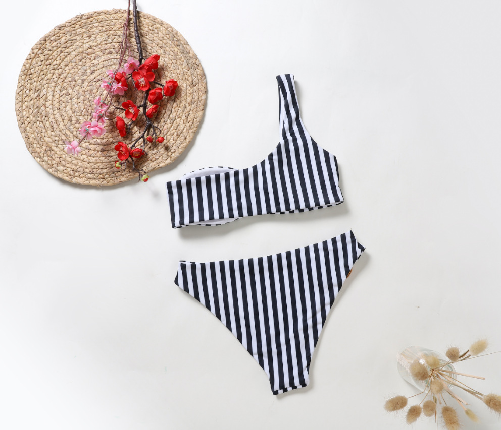 hot sale women s one-shoulder black and white stripes gather bikini triangle swimwear NSZO1402