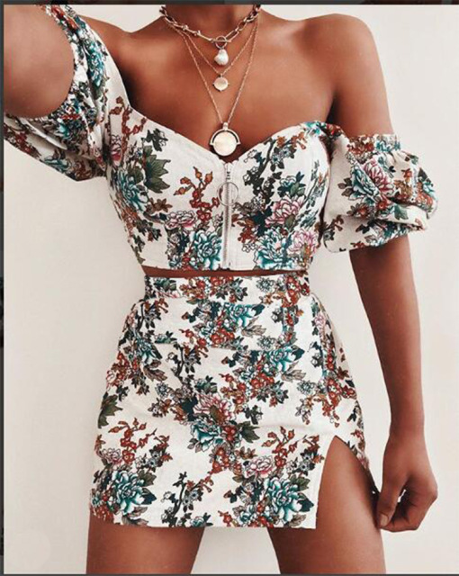 Printed square collar foam sleeve slim sexy two piece dress