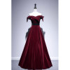 Velvet burgundy wedding dress for bride, evening dress, suitable for import, European style, open shoulders