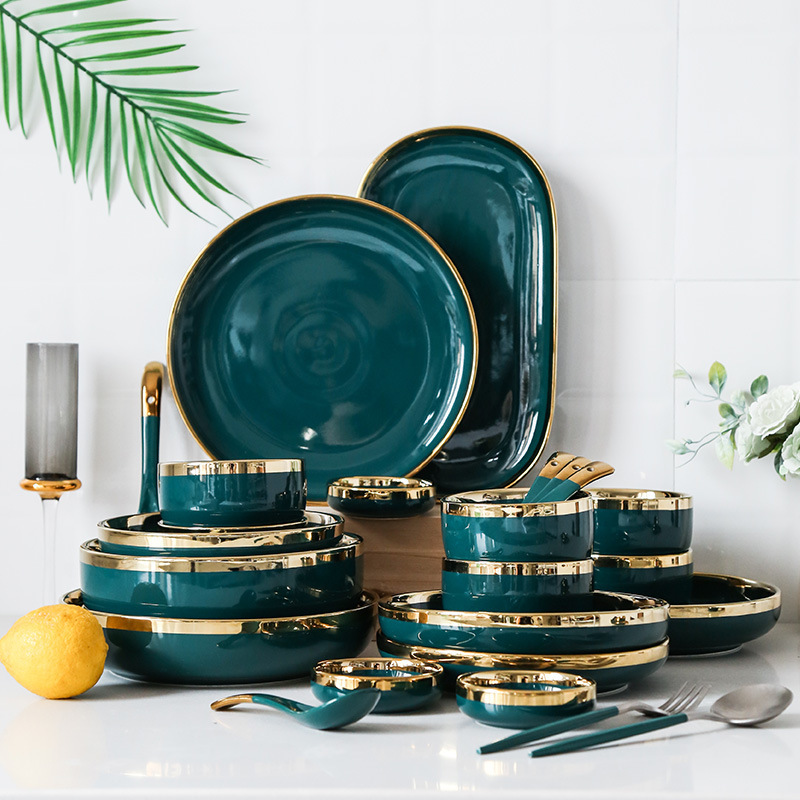 Light Luxury Phnom Penh Emerald Dishes Set Household Ceramic Soup Bowl Rice Bowl Deep Soup Plate Western Plate Combination Tableware Light Luxury Phnom Penh Emerald Dishes Set Household Ceramic Soup Bowl Rice Bowl Deep Soup Plate Western Plate Combination Tableware